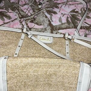 Coach Natural Straw Tote with White Leather Trim